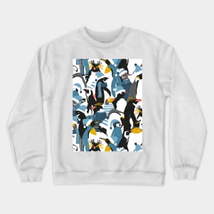 Merry penguins // pattern // black white grey dark teal yellow and coral type species of penguins blue dressed for winter and Christmas season (King, African, Emperor, Gentoo, Galápagos, Macaroni, Adèlie, Rockhopper, Yellow-eyed, Chinstrap) Crewneck Sweatshirt